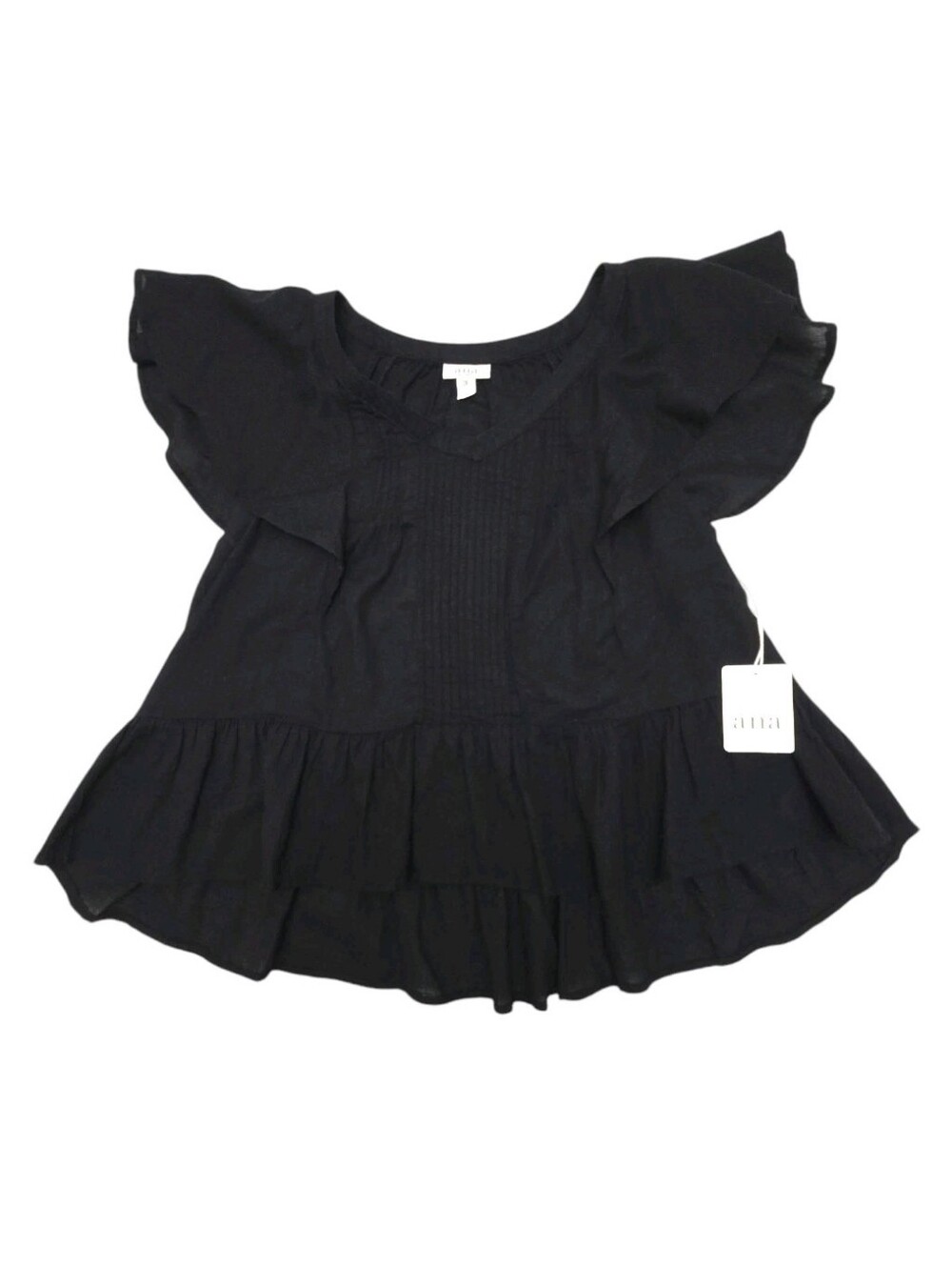 NWT a.n.a. Black Flutter Sleeve Peplum Blouse Petite Medium PM Boho Hi-Low Top